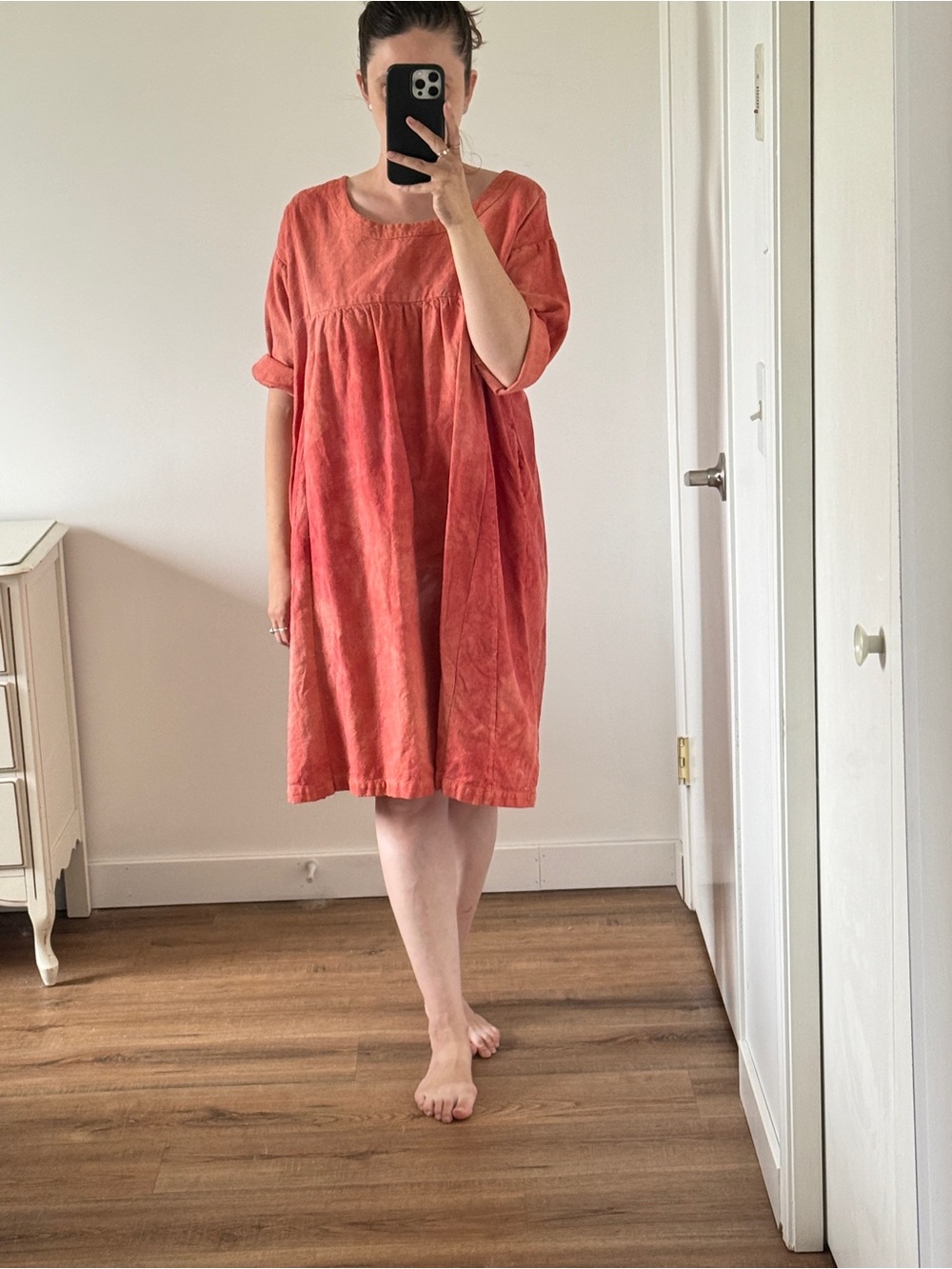 Maiwa 100% cotton orange-red smock dress oversized earthy modest